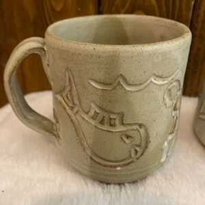 Artisan Stoneware Mugs with Animal Motifs-Handmade-One of a Kind Set of Two